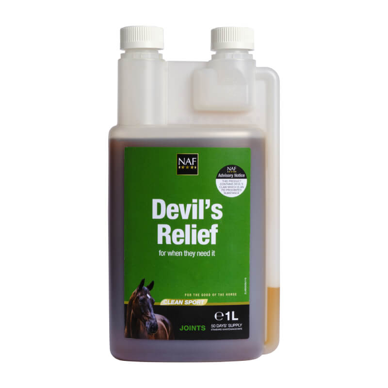 NAF Devils Relief 500ml joint supplement for horses, green label.