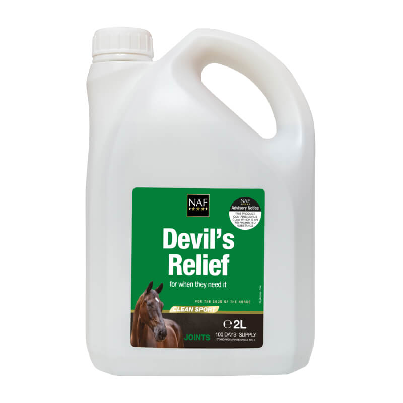 White jug of NAF Devils Relief joint supplement for horses on a green background.