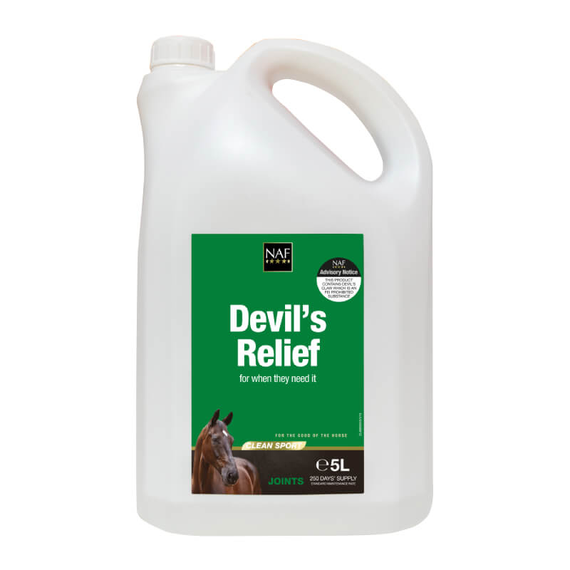 NAF Devils Relief white plastic container for horse joint comfort, green background.