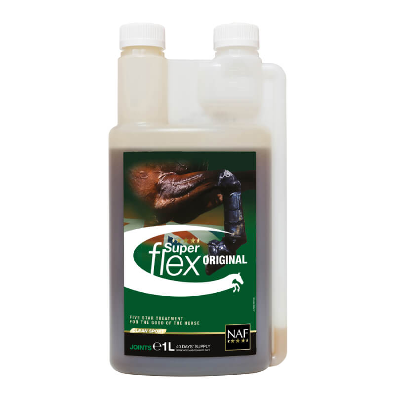 A bottle of NAF Superflex Liquid joint supplement for horses with a green and white label.