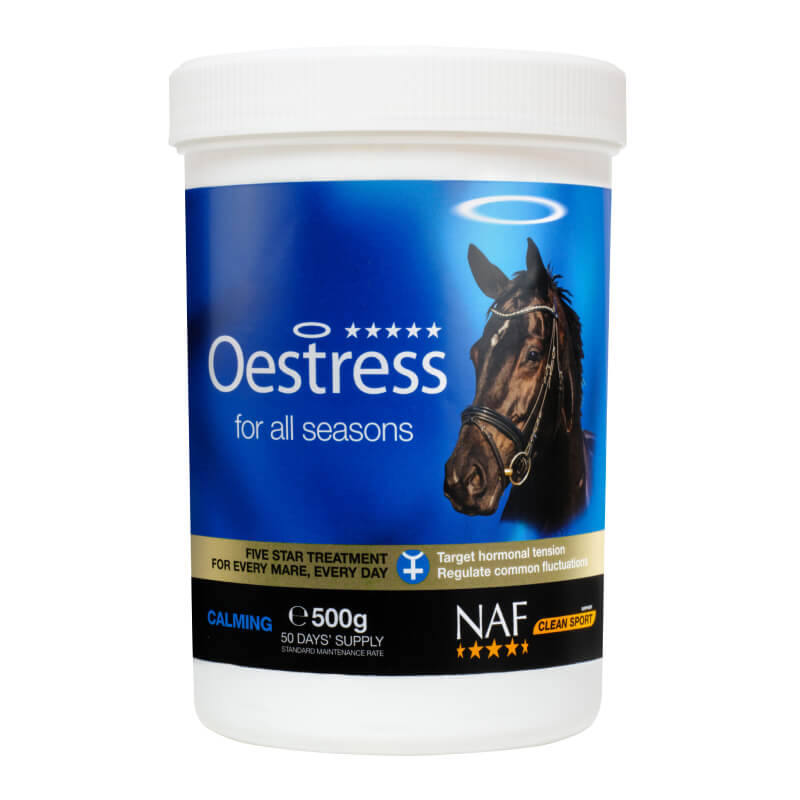 White tub labeled NAF Oestress promotes mare calmness, for all seasons, on a blue background.
