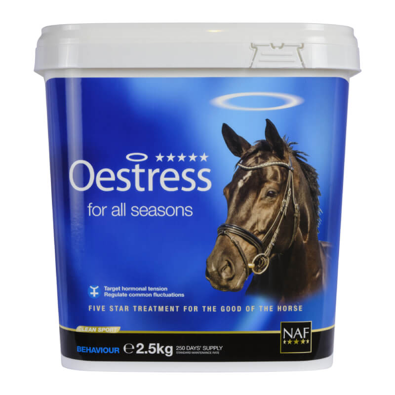 A tub of NAF Oestress Powder for mare calmness, featuring a blue label background.