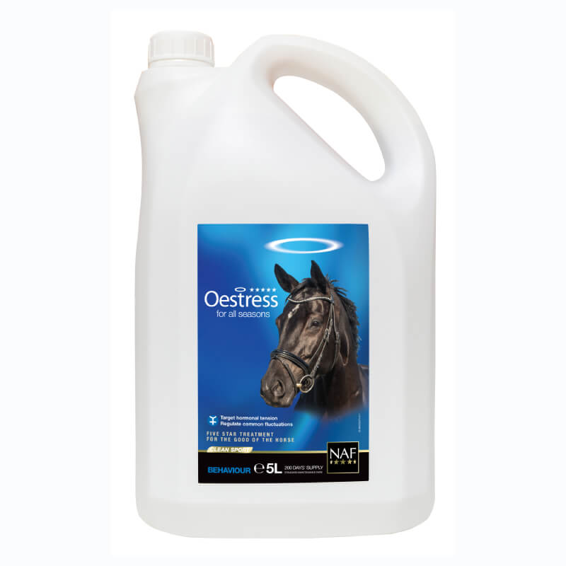 White 5L NAF Oestress Liquid for mare balance, label shows black horse on blue background.