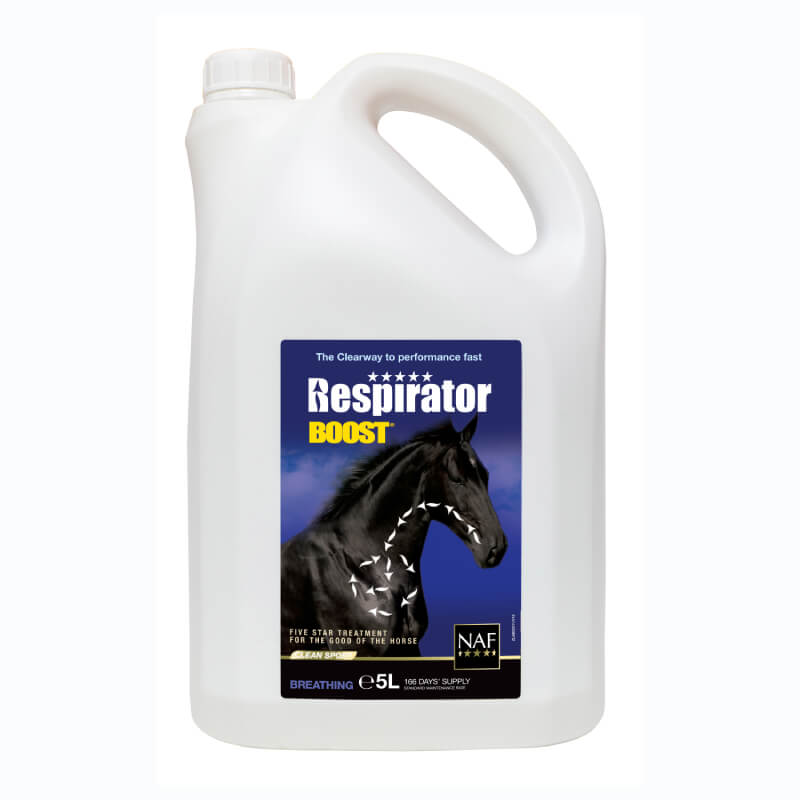 NAF Respirator Boost, 5L white bottle for horse lung health and respiratory support.