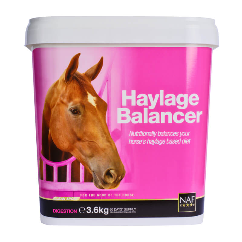 White tub of NAF Haylage Balancer with a pink label, supports roughage digestion.