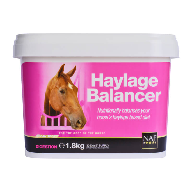 White tub of NAF Haylage Balancer with a pink label, supports roughage digestion.