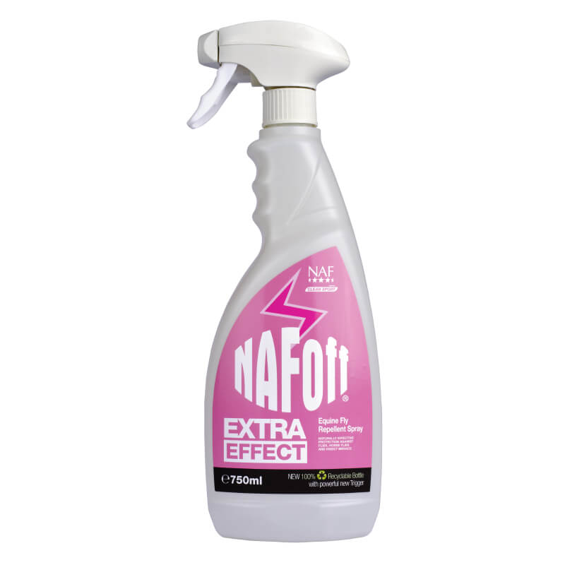 NAF Off Extra Effect Spray by NAF provides effective fly protection in a white spray bottle.