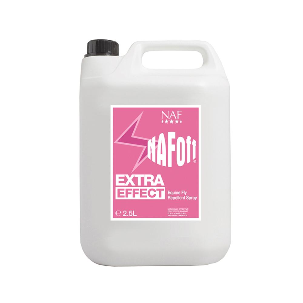White 2.5L NAF Off Extra Effect Spray with pink label for equine fly protection.