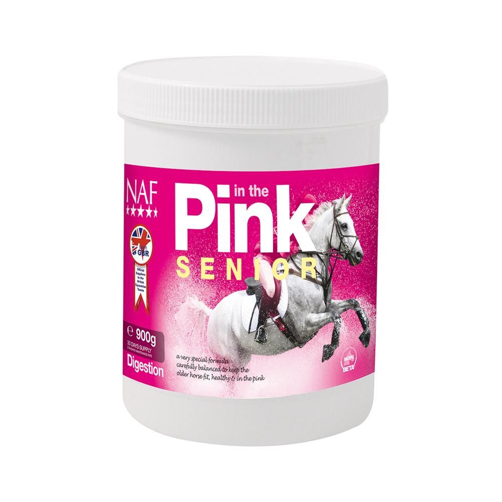 NAF In The Pink Senior by NAF: joint support horse supplement with rider jumping on label.