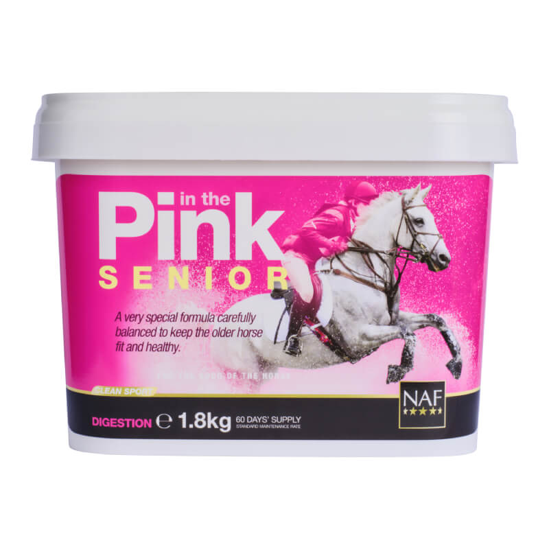NAF In The Pink Senior by NAF: joint support horse supplement with rider jumping on label.