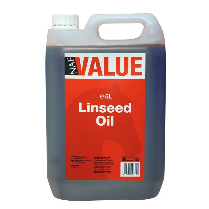 NAF Value Linseed Oil 5Ltr, a horse supplement, in a red-labeled container.