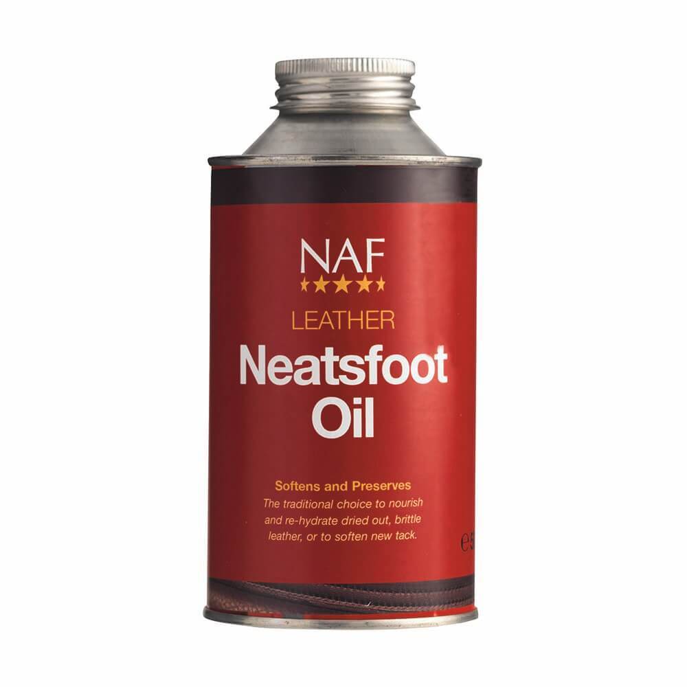 A metal can of NAF Neatsfoot Oil with a red label and a silver cap.