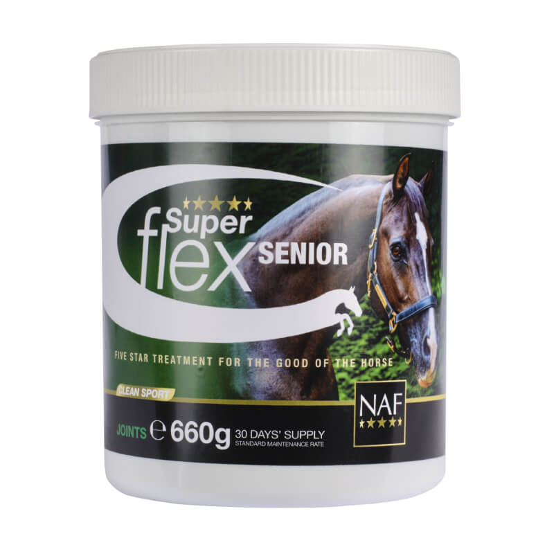 NAF Superflex Senior: joint support for older horses with omega 3s, from NAF. White tub.