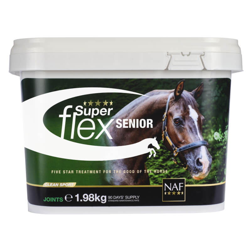 White tub of NAF Superflex Senior, a joint and omega 3 supplement for older horses.