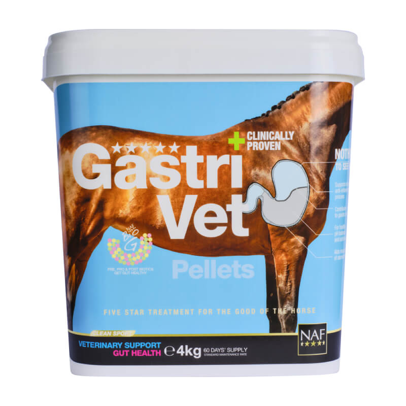 White tub labeled NAF Gastrivet Pellets with blue/yellow accents for gastric support in horses.