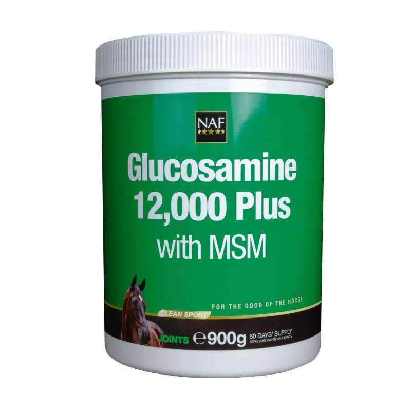 NAF Glucosamine 12000 Plus MSM equine joint supplement for horses, 900g green tub.