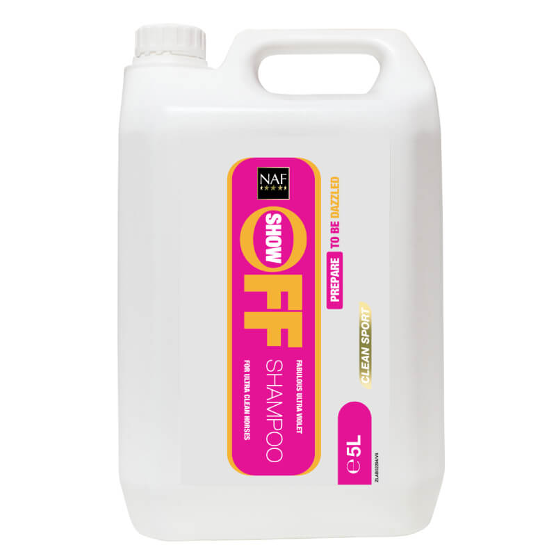 NAF Show Off Shampoo, 5L white container for horses, features a pink and yellow NAF label.