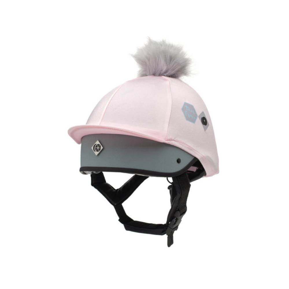 Limited edition Charles Owen This Esme Pom Pom Silk in light pink with black chin straps.