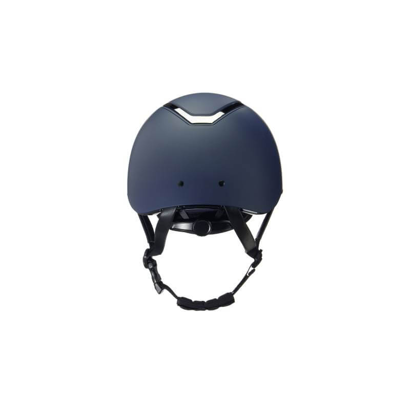 EQX by Charles Owen Kylo Navy Matte/Pewter helmet with chin strap and dial-fit, front view.