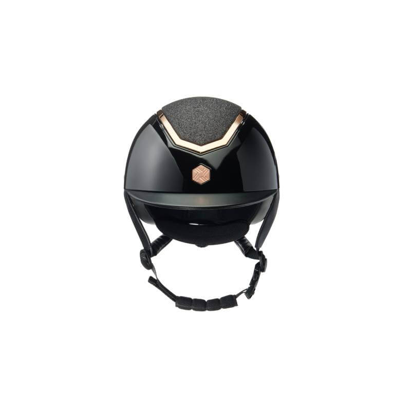 The EQX by Charles Owen Kylo is a black gloss helmet with rose gold sparkly detailing and dial-fit.