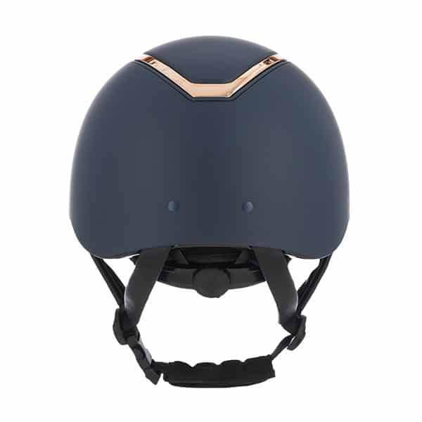Eqx by Charles Owen Kylo Navy Matte/Rose Gold Wide Peak helmet, rear view.