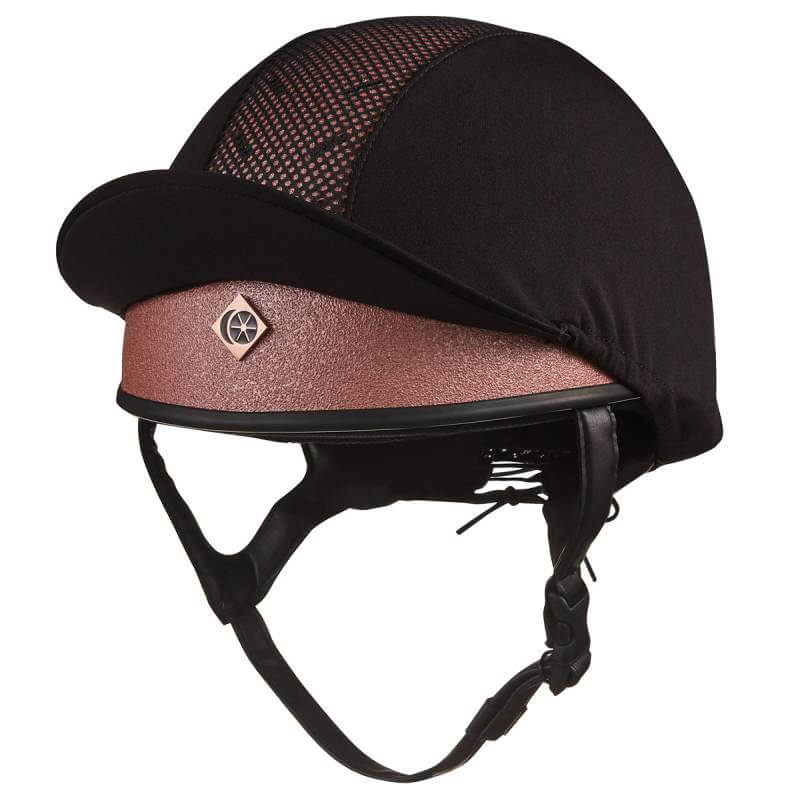 Black and rose gold Charles Owen Pro II Plus Round Skull helmet with mesh vents and chin strap.