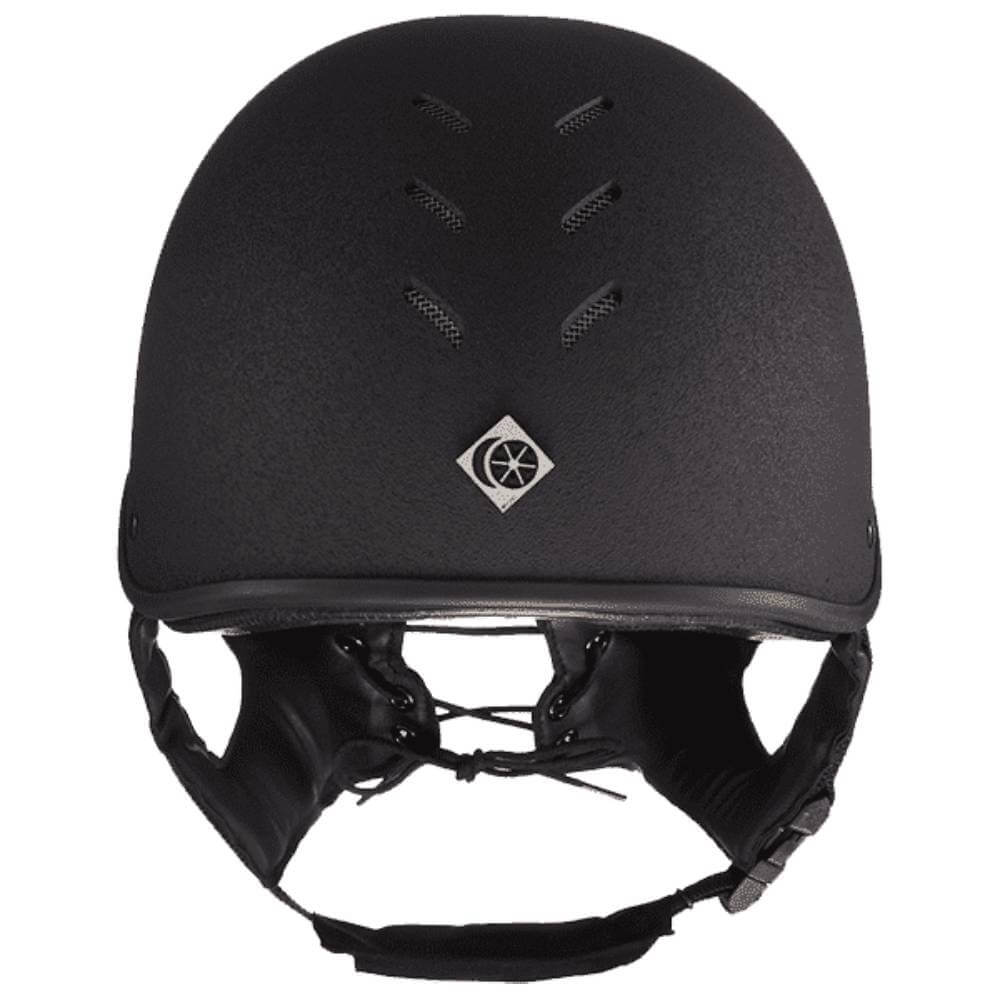 Black Charles Owen MS1 Skull Oval helmet with chin strap and top ventilation holes.