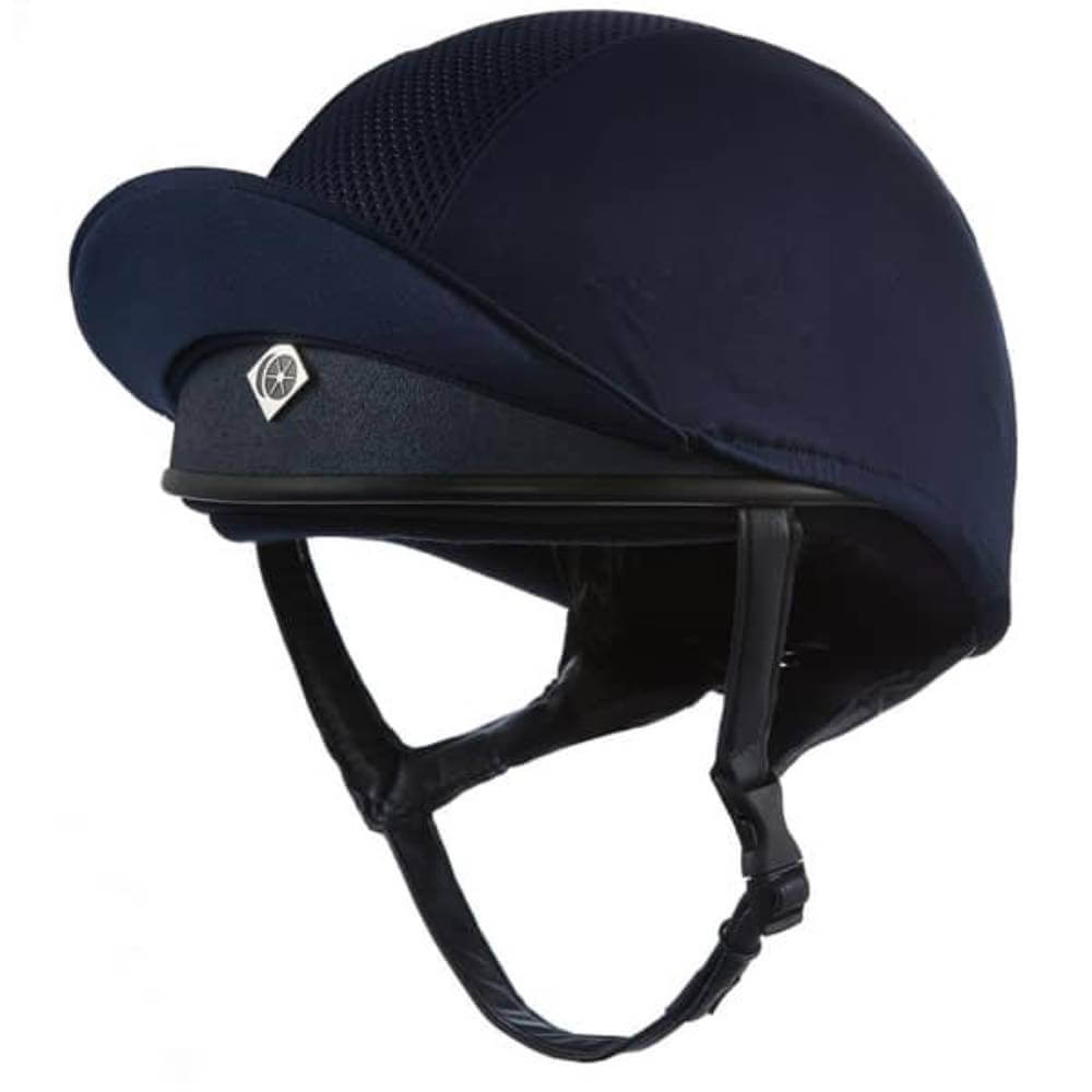 Charles Owen Pro II Plus Oval Skull helmet in navy blue with chin strap and small visor, side view.
