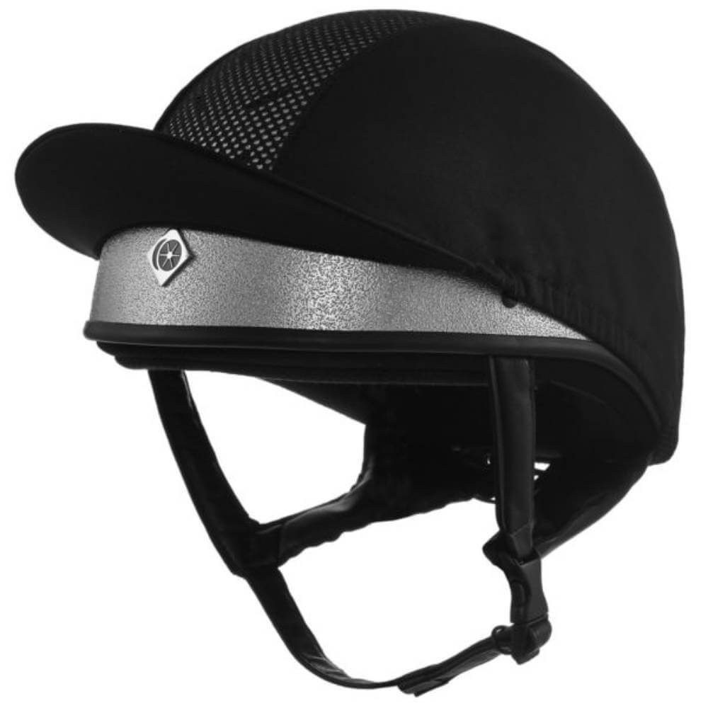 Charles Owen Pro II Plus Round Skull cap, side view, with mesh panel and chin strap.