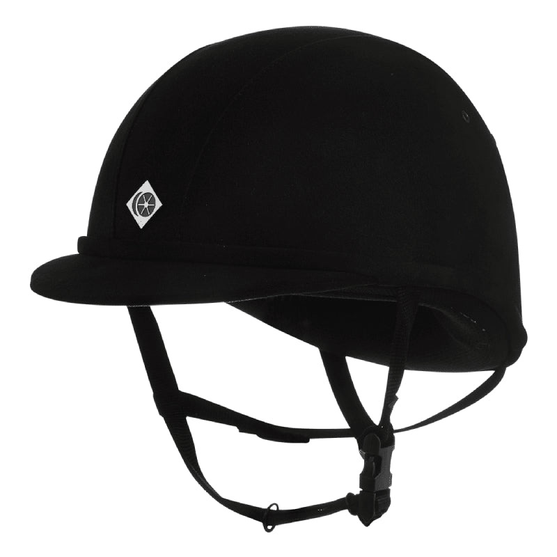 Charles Owen YR8 Round Riding Helmet with chin strap and textured top strip for safety.