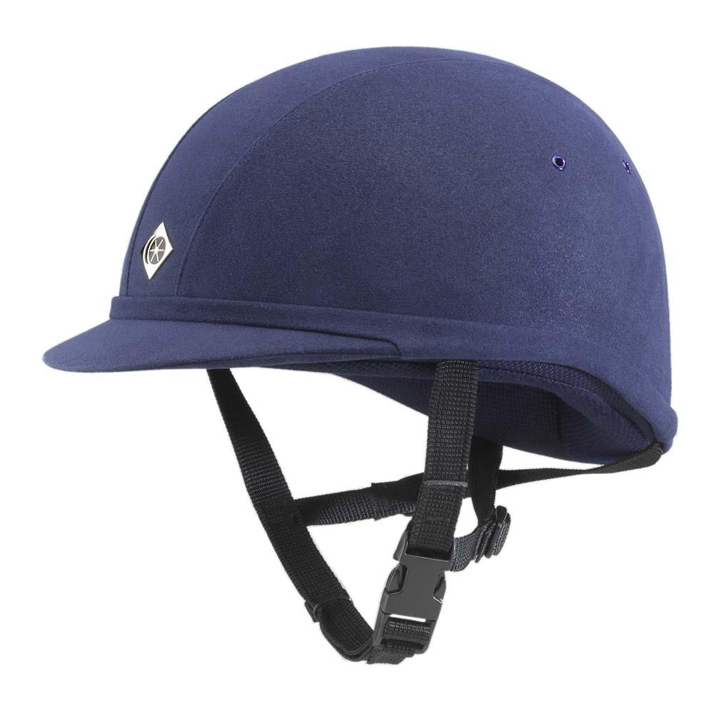 Charles Owen YR8 Round Helmet in blue with black chin strap and silver emblem for riding safety.