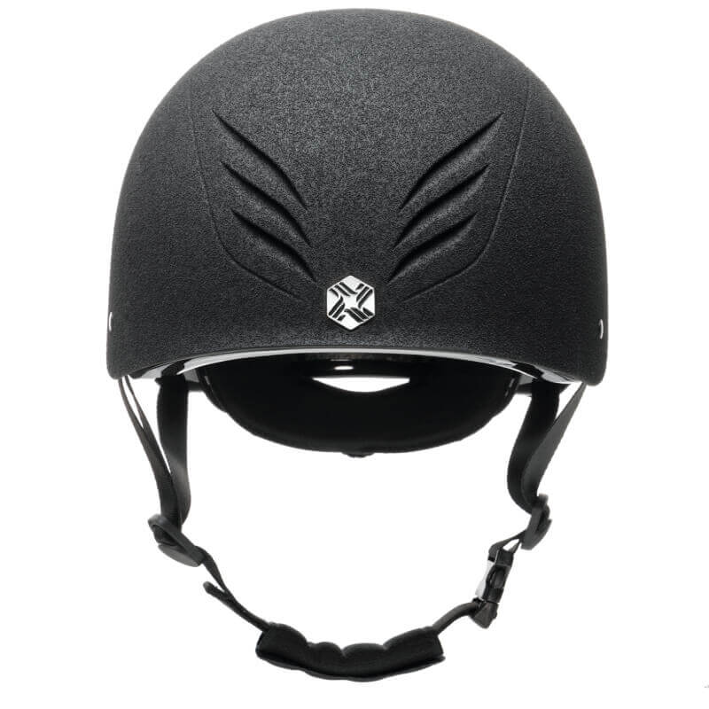 EQX by Charles Owen Phoenix Jockey Skull in black/silver with vent design and silver logo badge.