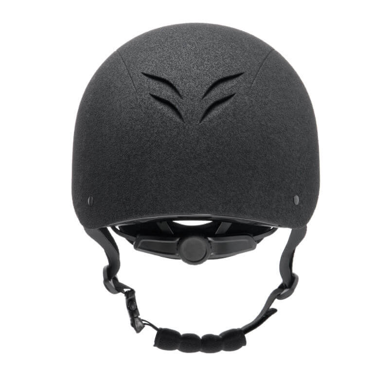 EQX by Charles Owen Phoenix Jockey Skull in Black/Silver, front view with chin strap.