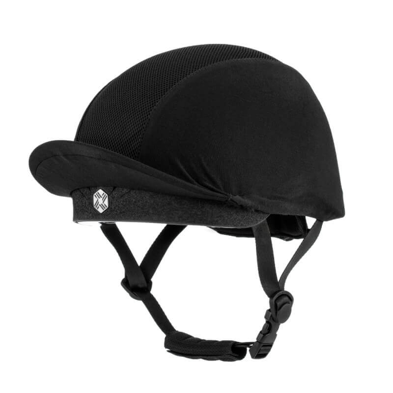 EQx by Charles Owen Phoenix Jockey Skull Black/Silver, side view with chin strap and small visor.