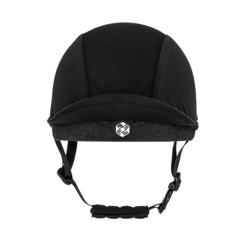EQx by Charles Owen Phoenix Jockey Skull helmet, black/silver, front view on white background.