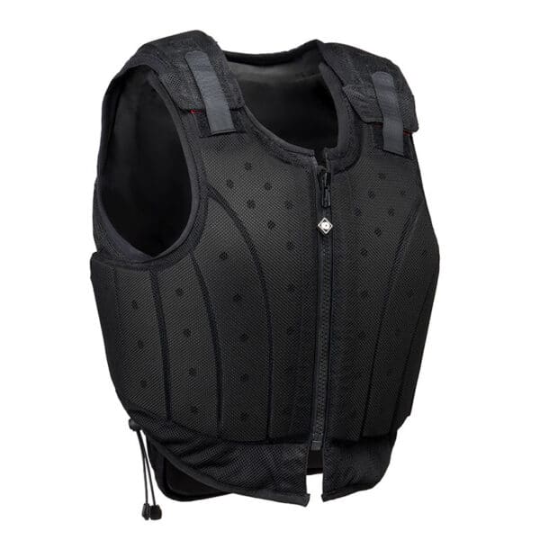 Charles Owen Kontor Black Adults body protector with front zip and adjustable straps for safety.