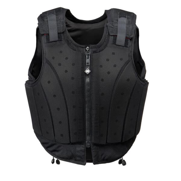 Charles Owen Kontor Black Childs: bulletproof vest, front zipper, padded straps for safety.