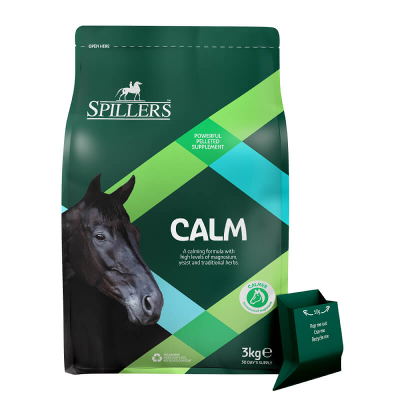 Spillers Calm Supplement 3kg with green design for calming horses.