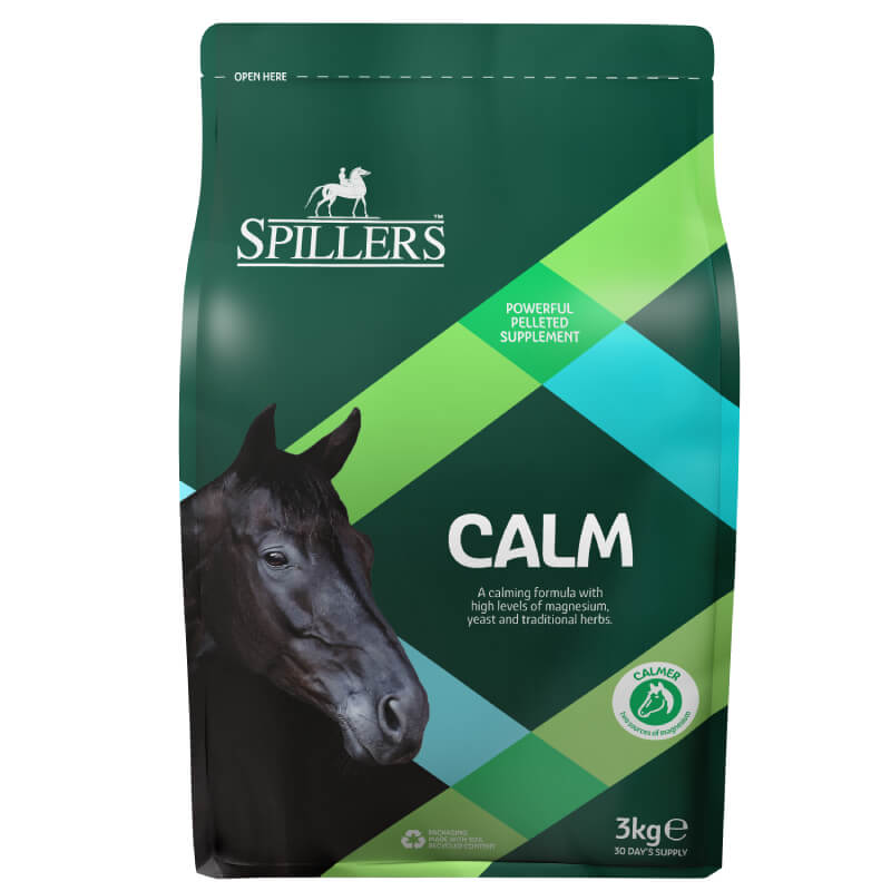A green 3kg bag of Spillers Calm Supplement, a calming product for horses.
