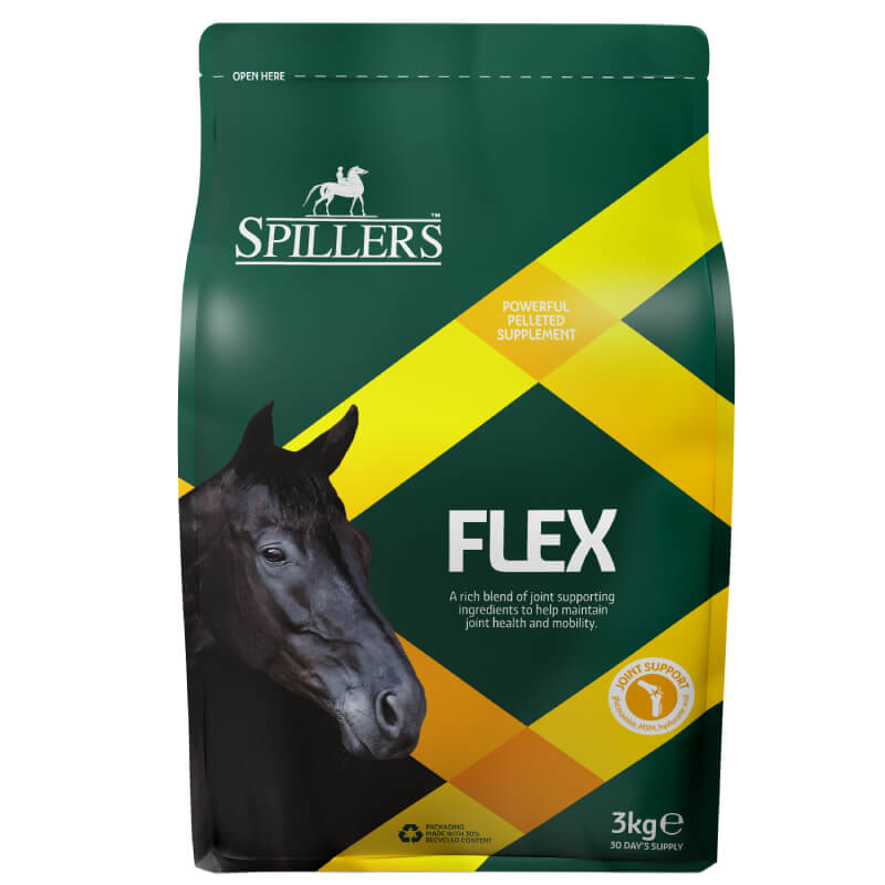 A green 3kg Spillers Flex Supplement bag with joint support and yellow diagonal stripes.