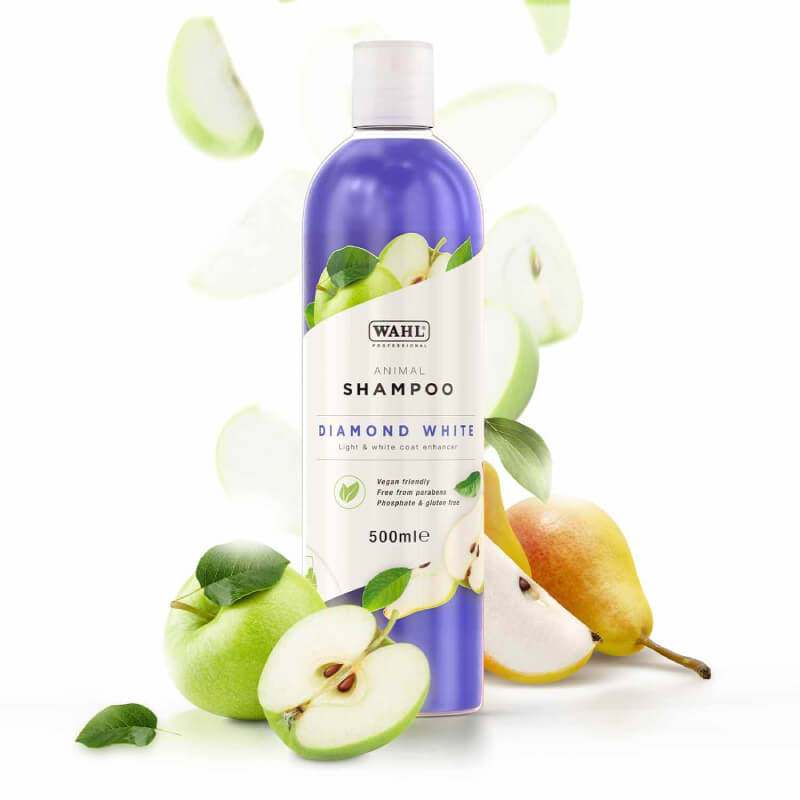 Wahl Diamond White Shampoo 250ml bottle with green apples and a pear beside it.