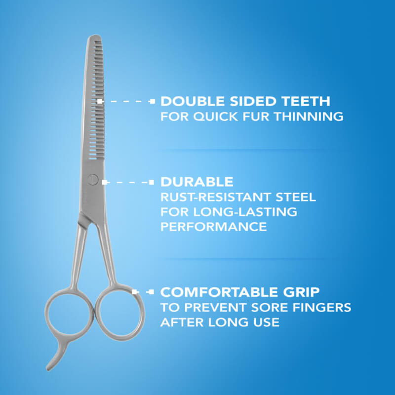 Wahl 15cm Stainless Steel Thinning Scissors with labeled features for animal coat thinning.