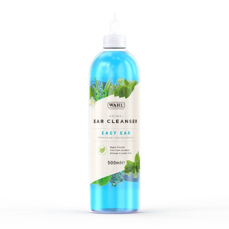 Wahl Showman Easy Ear Cleaner 500ml: natural, blue liquid ear cleaner with herbal design.