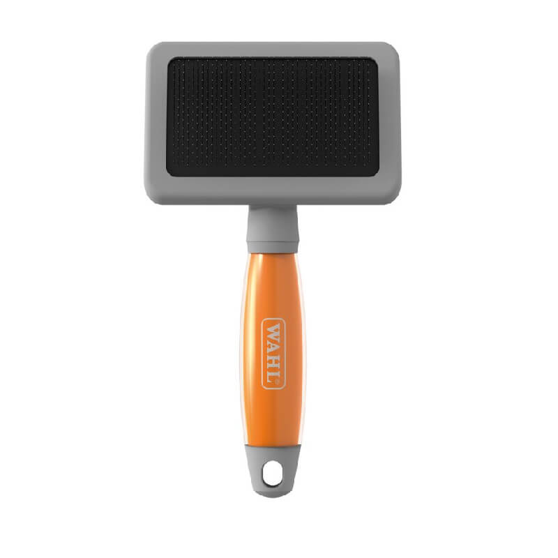 Wahl Large Slicker Brush with orange gel handle, stainless steel pins, rectangular bristle pad.