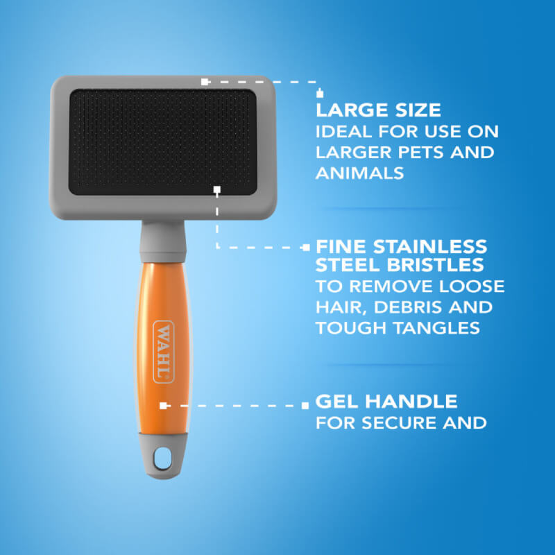 Wahl Large Slicker Brush with orange gel handle and stainless steel pins for pet grooming.