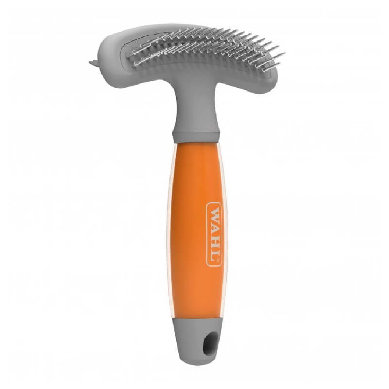 Wahl Double Row Rake & Shedding Blade with orange gel handle and metal bristles.