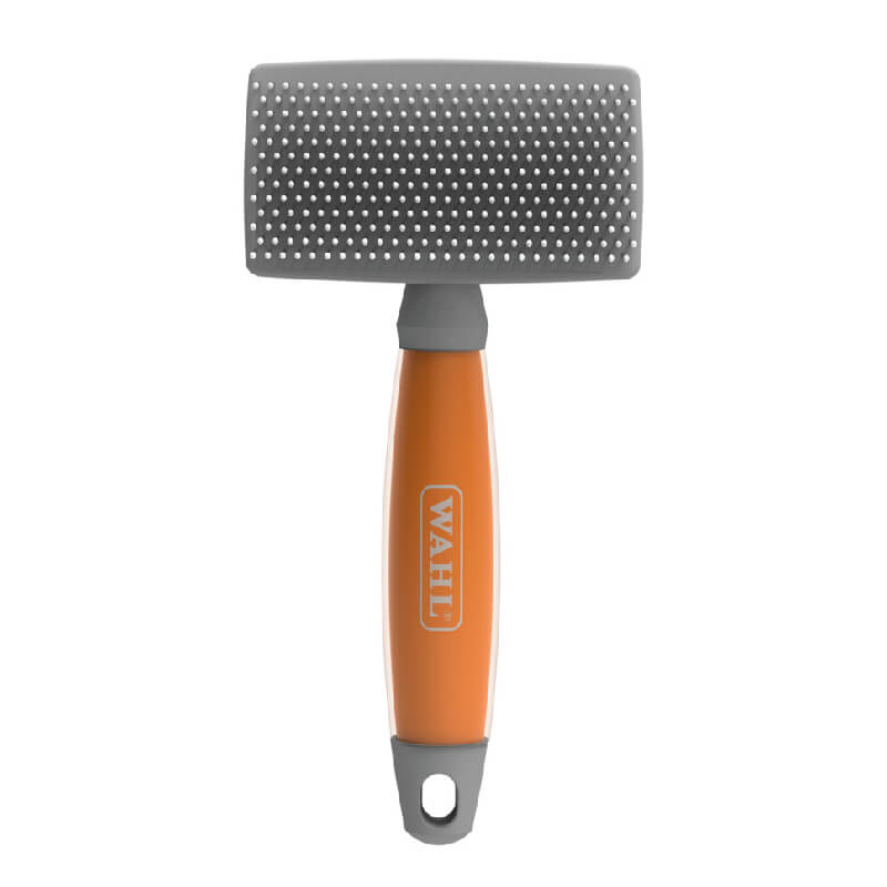 Wahl Large Nylon Slicker Brush with orange gel handle for sensitive skin.