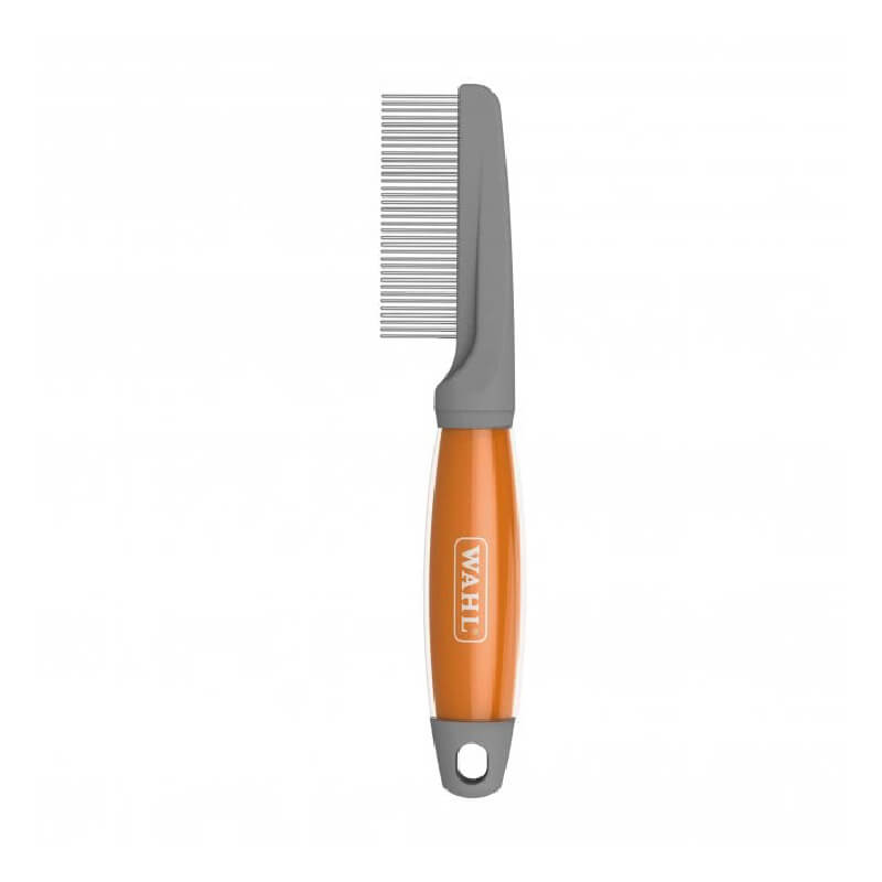 Wahl Grooming Comb with orange gel handle and stainless steel teeth, perfect for pet care.