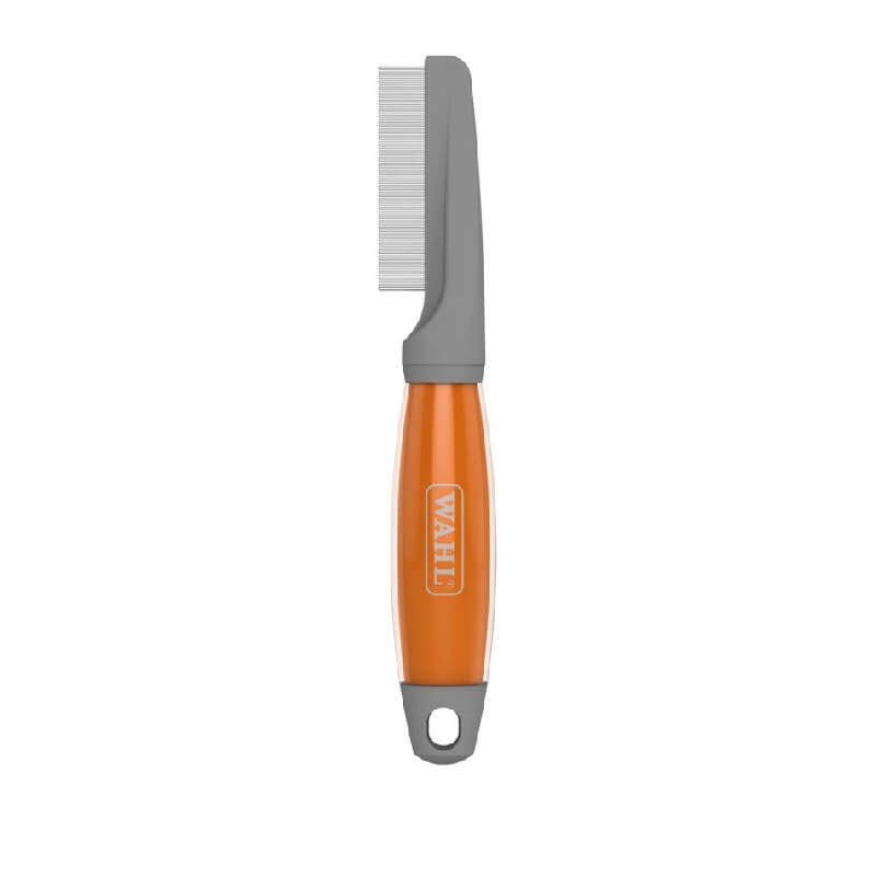 Wahl Flea Comb features an orange gel handle and stainless steel teeth for pet grooming.