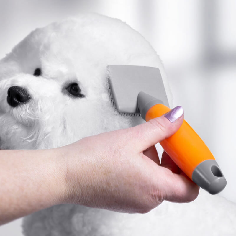 Brushing a fluffy white dog with the Wahl Small Slicker Brush Orange Gel Handle.